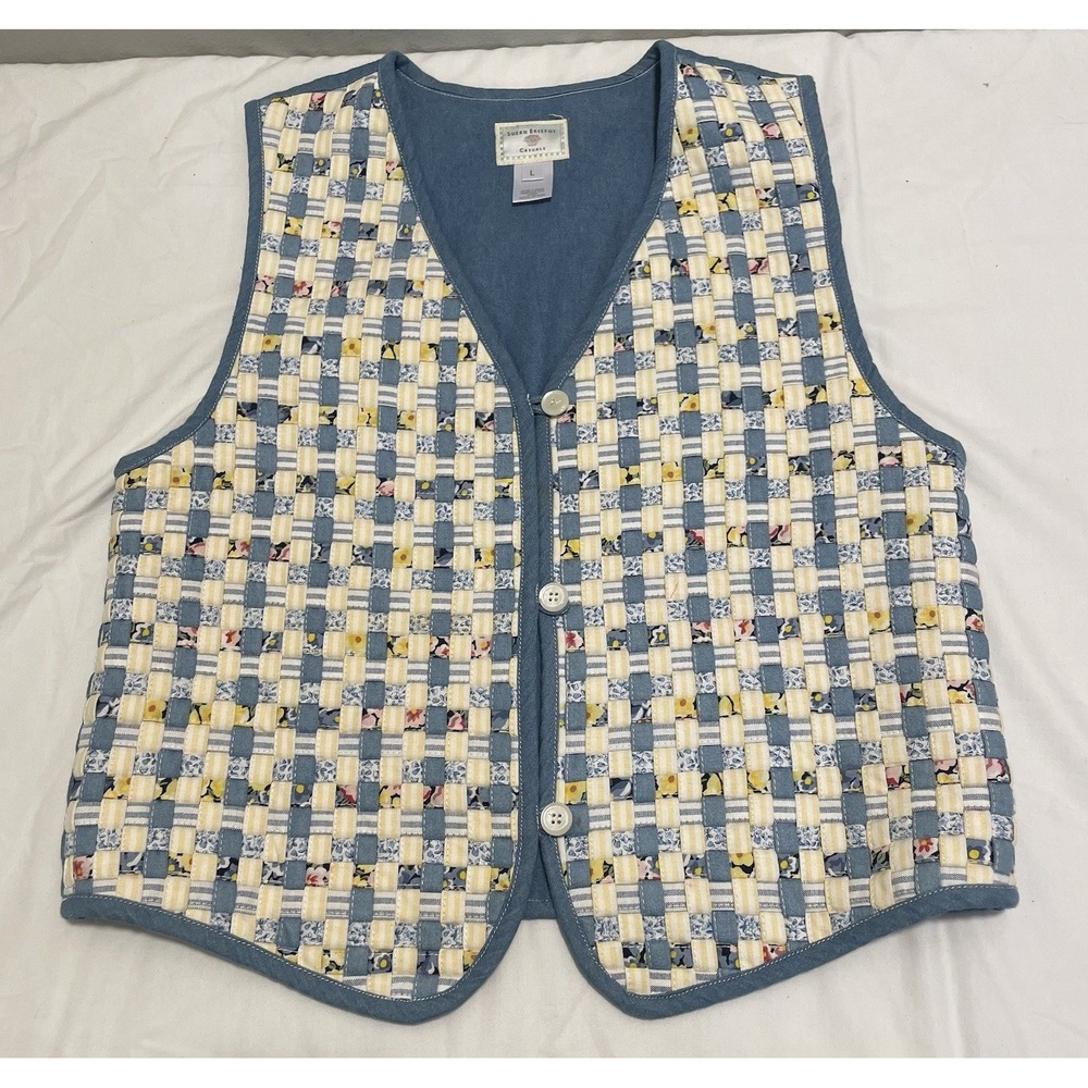 VTG Quilted Patchwork Vest Large Cottagecore Prairie Farmhouse Chambray